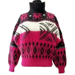 Handmade Knit Wool Sweater Fair Isle  Cropped Cowl Neck Black White Pink Small